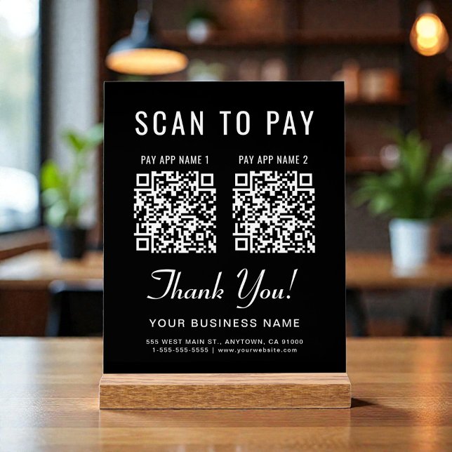 Scanner pour Payer 2 Codes QR Tablette Noir (Scan to Pay 2 QR Codes Tabletop Black Acrylic Sign)