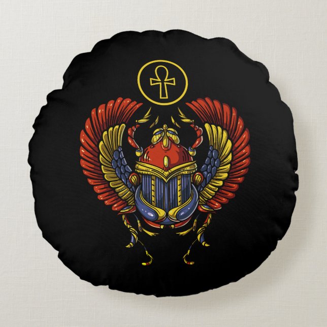 Scarab Ankh Egyptian Eye Of Horus Ancient Symbol Round Pillow (Front)
