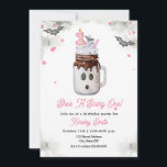 Scare One 1st Birthday Pink Ghost Milkshake Invitation<br><div class="desc">Scare One 1st birthday party theme featuring watercolor illustration of a halloween themed mason jar ghost milkshake topped with pink sprinkles,  bat,  and "1" candle topper with pink straw.  Border features grey watercolor designs,  pink confetti,  and bats.</div>