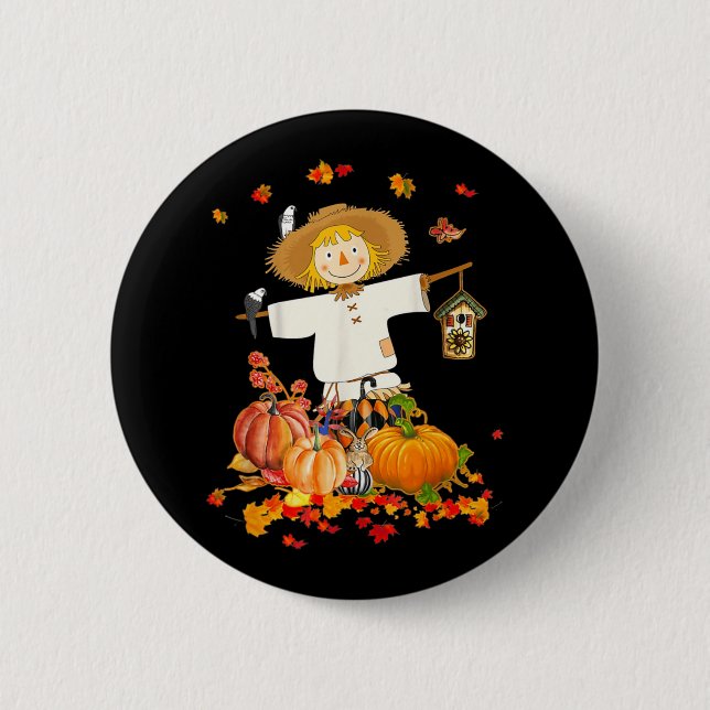 Scarecrow Autumn Hello Fall Pumpkin Thanksgiving H 2 Inch Round Button (Front)