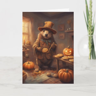 Scarecrow Beaver Baking Cookies Halloween Card