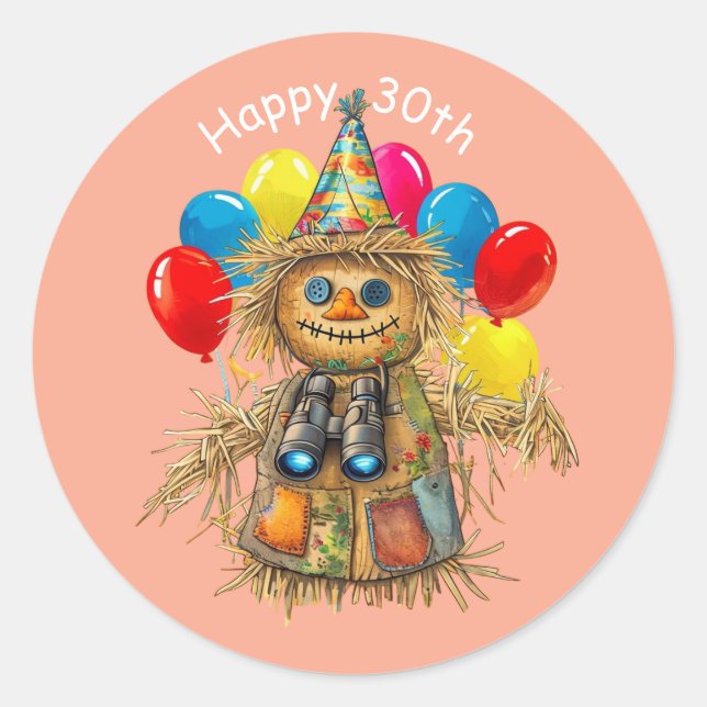Scarecrow Birdwatcher 30th Birthday Design  Classic Round Sticker (Front)