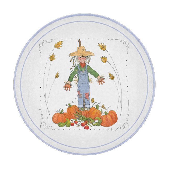 Scarecrow Fall Harvest Pumpkin Patch Watercolor Cutting Board (Front)