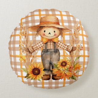 Scarecrow on Brown and Orange Gingham Plaid Round Pillow