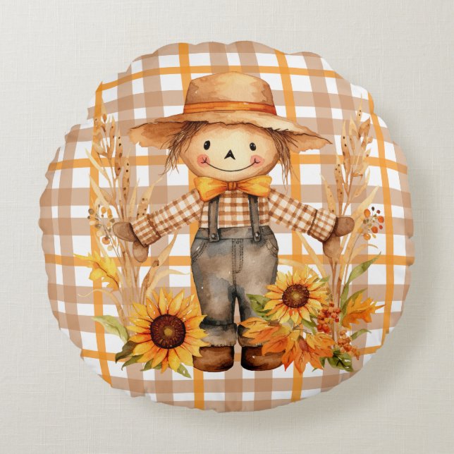 Scarecrow on Brown and Orange Gingham Plaid Round Pillow (Front)