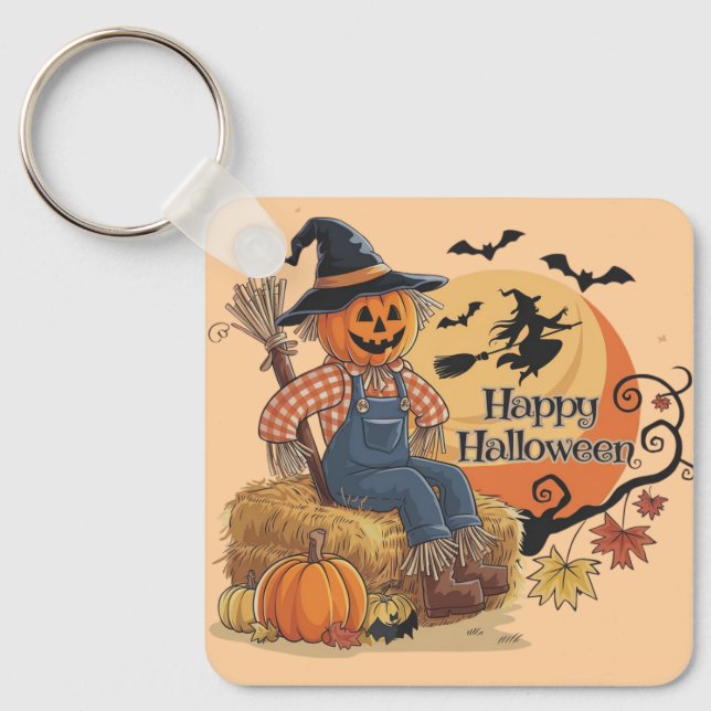 Scarecrow Pumpkin Halloween Rustic Vibes Art Keychain (Front)
