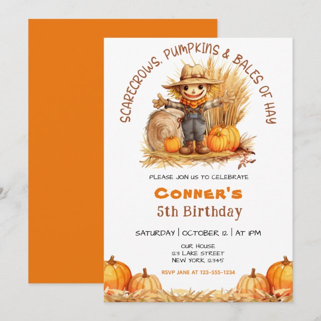 SCARECROW PUMPKINS & BALES OF HAY MODERN BIRTHDAY  INVITATION (Front/Back)