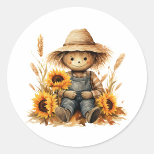 Scarecrow Sunflower  Classic Round Sticker