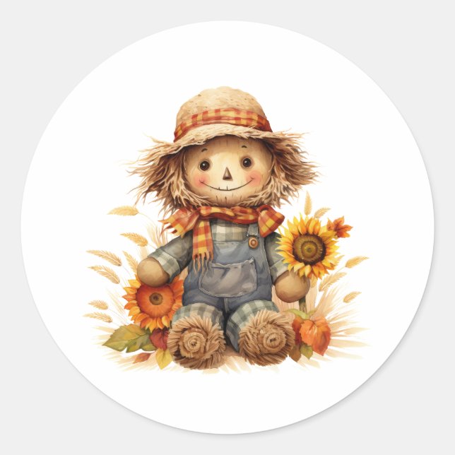 Scarecrow Sunflower  Classic Round Sticker (Front)