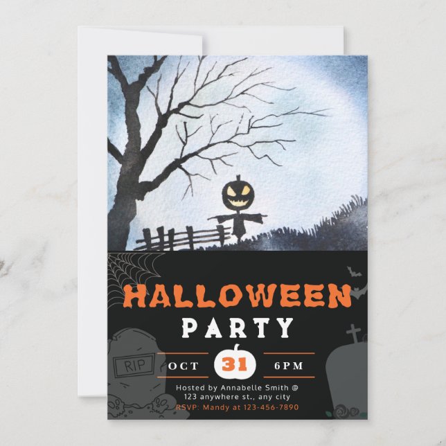 Scarecrow w/ Jack-O' Lantern Head Black Halloween Invitation (Front)