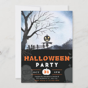Scarecrow w/ Jack-O' Lantern Head Black Halloween Invitation