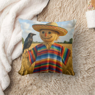 Scarecrow Wearing a Sombrero and Poncho Throw Pillow
