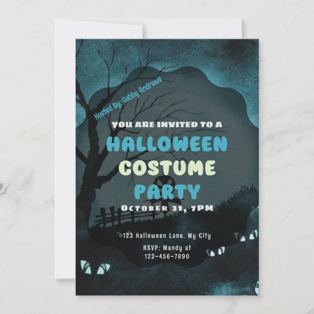 Scarecrow with Jack-O' Lantern Head Blue Halloween Invitation (Front)