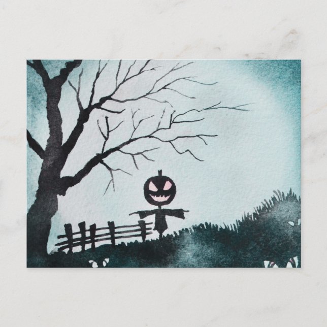 Scarecrow with Jack-O' Lantern Head Halloween Holiday Postcard (Front)