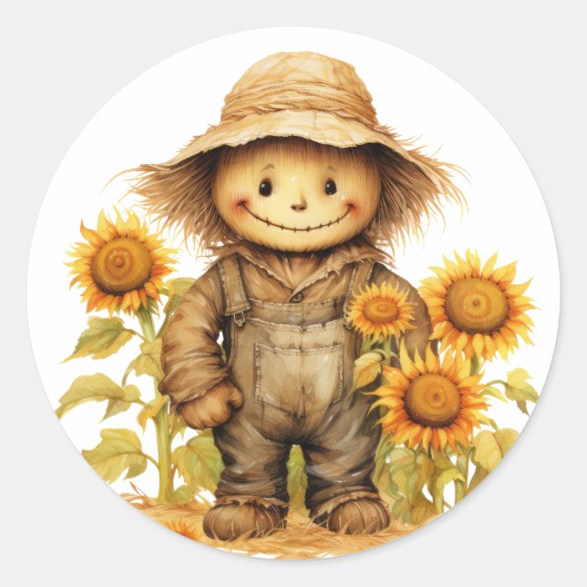 Scarecrow with Sunflower  Classic Round Sticker (Front)