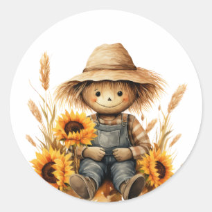 Scarecrow with Sunflower Classic Round Sticker