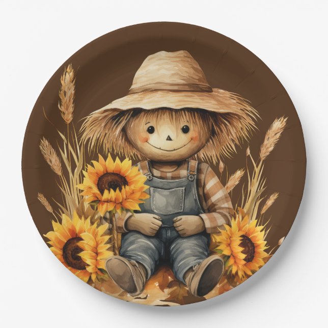Scarecrow with Sunflower  Paper Plate (Front)
