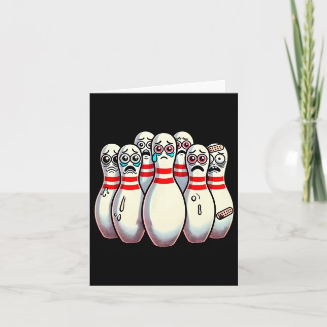 Scared Bowling Pins Cartoon Fun Bowler Humourous M Card (Front)