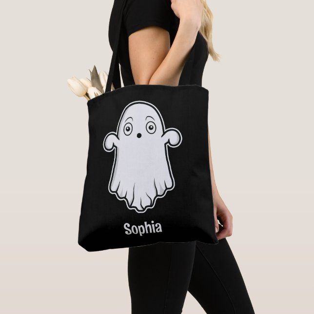 Scared Cartoon Ghost With Personalized Name Black Tote Bag (Close Up)