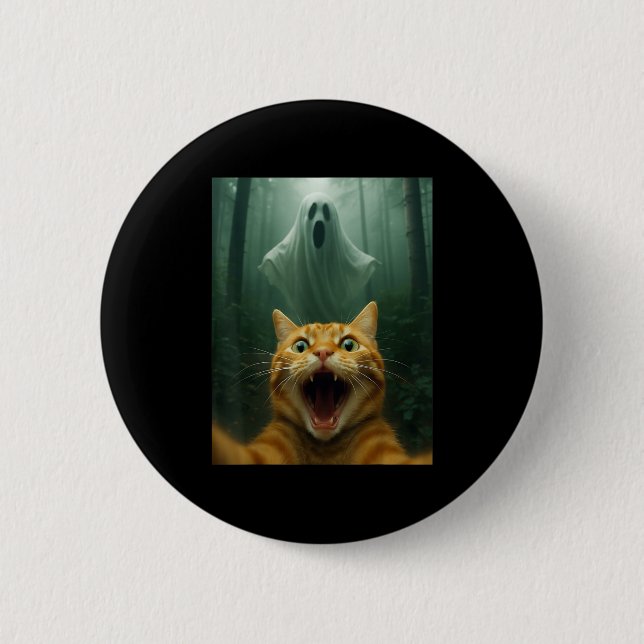 Scared Cat Selfie With Ghost _ Funny Halloween Cos 2 Inch Round Button (Front)