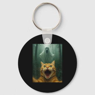 Scared Cat Selfie With Ghost _ Funny Halloween Cos Keychain