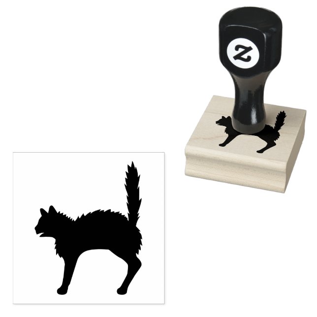 Scared Cat Silhouette With Curved Back And Tail Up Rubber Stamp (Stamped)