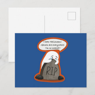 Scared Ghost on RIP Tombstone Halloween Postcard