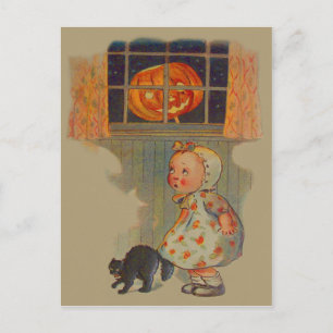 Scared Girl Jack O' Lantern Black Cat Prank Postcard