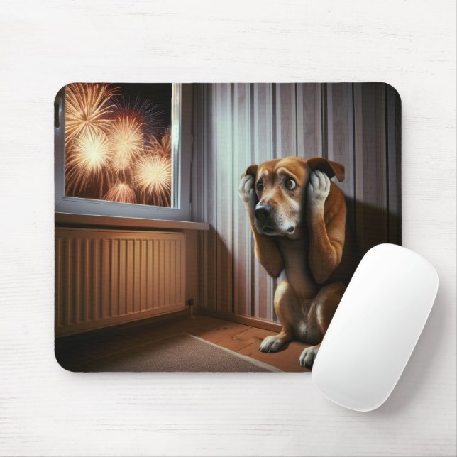 Scared Hound Dog With Fireworks Mouse Pad (With Mouse)
