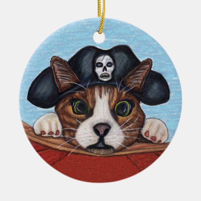 Scared Looking Cat in Black Pirate Hat Red Boat Ceramic Ornament (Front)