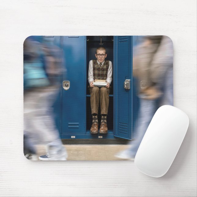 Scared Schoolboy Hiding in a Locker Mouse Pad (With Mouse)