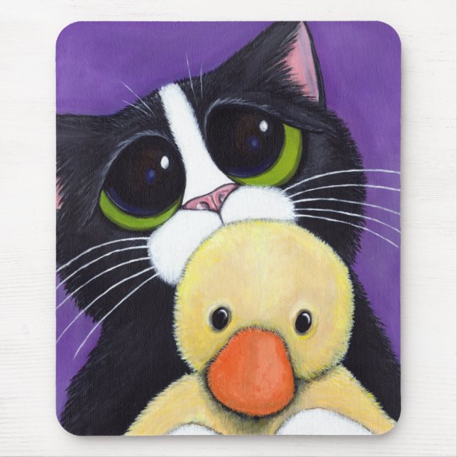 Scared Tuxedo Cat and Cuddly Duck Painting Mouse Pad (Front)