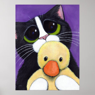 Scared Tuxedo Cat and Cuddly Duck Painting Poster