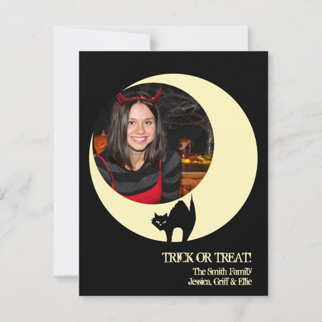 Scaredy cat yellow moon Halloween photo greeting Card (Front)