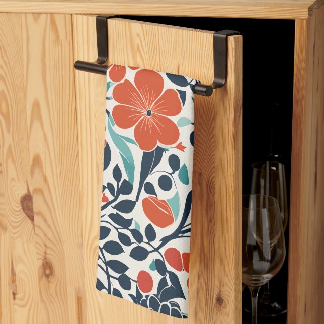 Scarlet and Black Modern Floral Kitchen Towel (Thirds Fold)