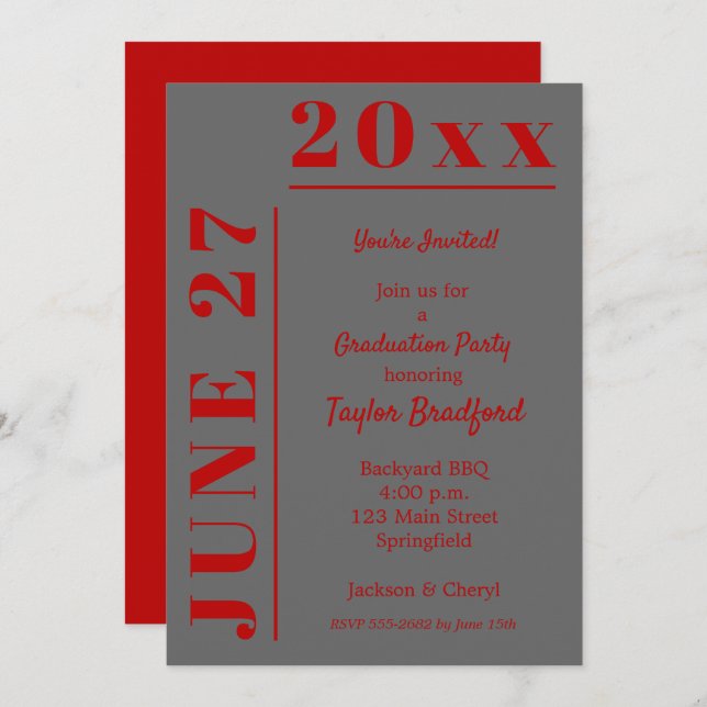 Scarlet and Grey Graduation Party Invitations (Front/Back)