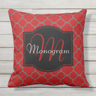 Scarlet and Grey Quatrefoil Design with Monogram Outdoor Pillow