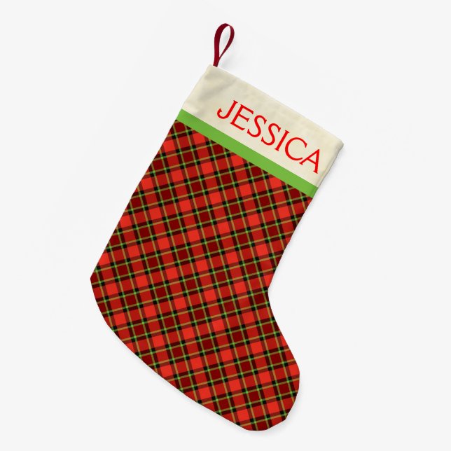 Scarlet and Lime Green Bright Christmas Plaid Small Christmas Stocking (Front (Hanging))