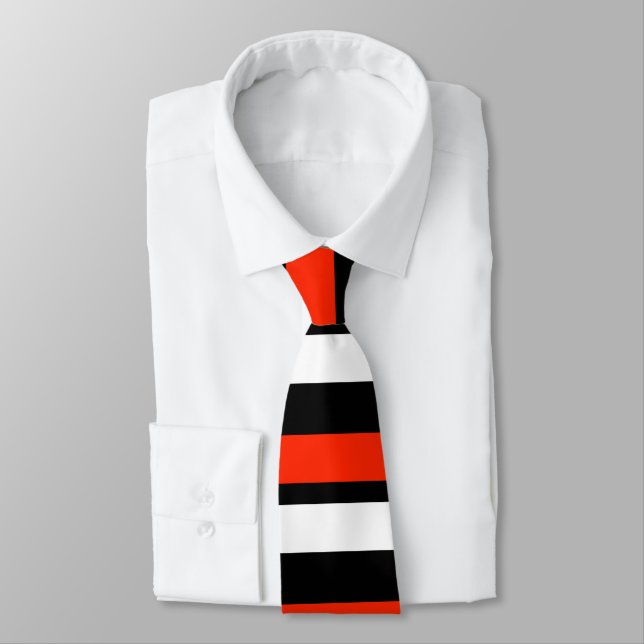 Scarlet Black and White Horizontally-Striped Tie (Tied)