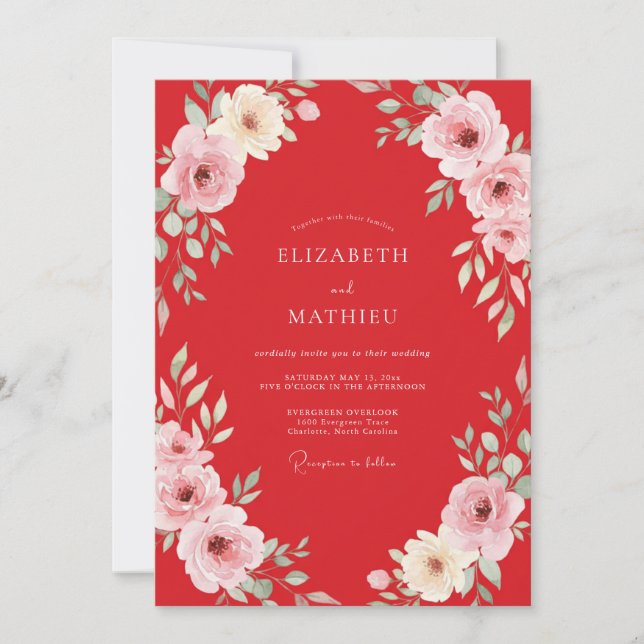 Scarlet Blush Bloom Wedding Invitation (Front)