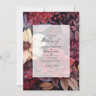 Scarlet, Dark Brown & Deep Burgundy Floral Wedding Invitation