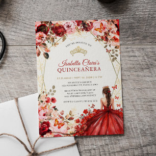 Scarlet Elegance Gold Enchanted Floral Quinceanera Invitation