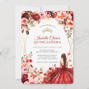 Scarlet Elegance Gold Enchanted Floral Quinceanera Invitation