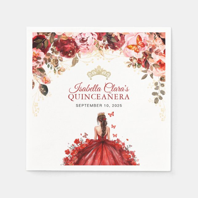 Scarlet Enchanted Floral Gold Princess Quinceanera Napkin (Front)