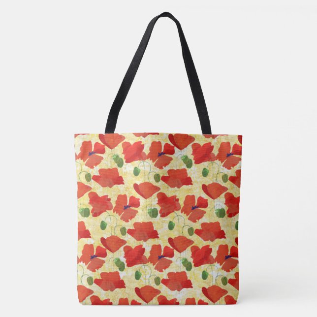 Scarlet Field Poppies Floral Pattern on Yellow Tote Bag (Front)