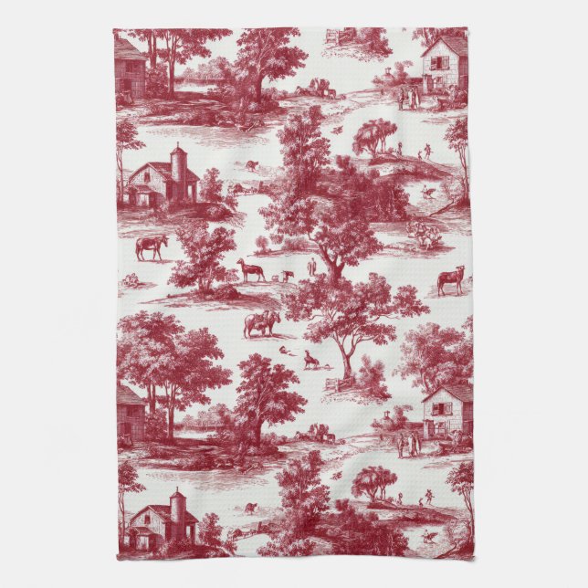 Scarlet French Country Toile Pattern Kitchen Towel (Vertical)