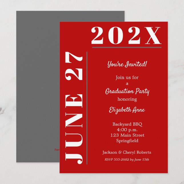 Scarlet Grey White Graduation Party Invitation (Front/Back)