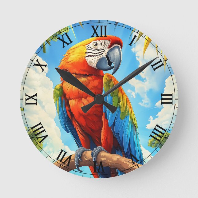 Scarlet Macaw in Jungle Round Clock (Front)