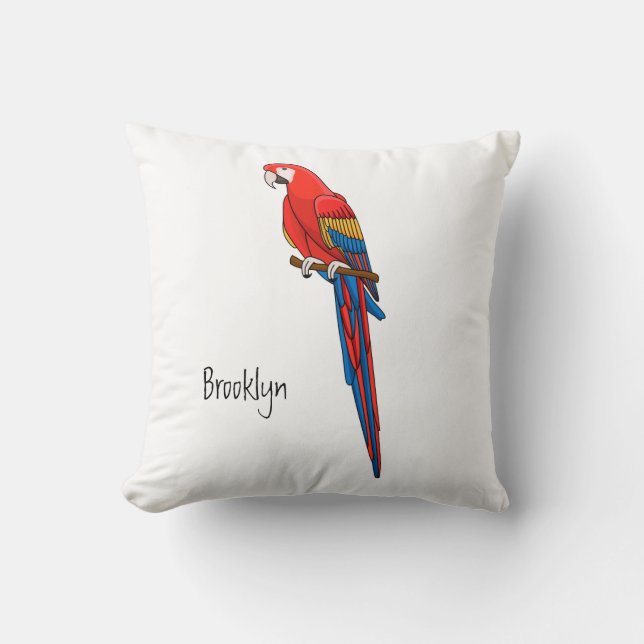 Scarlet macaw parrot cartoon illustration throw pillow (Front)