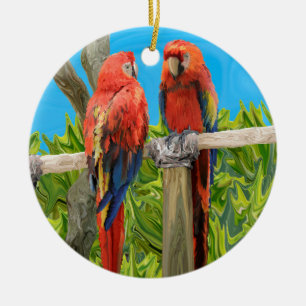 Scarlet Macaw Parrots Perching Ceramic Ornament